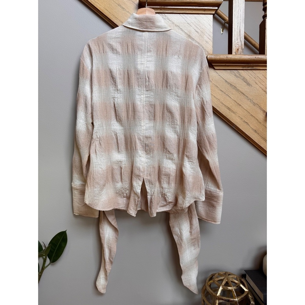 Zara Beige Textured Ruched Button Down Shirt Top Gauze Coastal Cotton Blend M - Picture 6 of 13